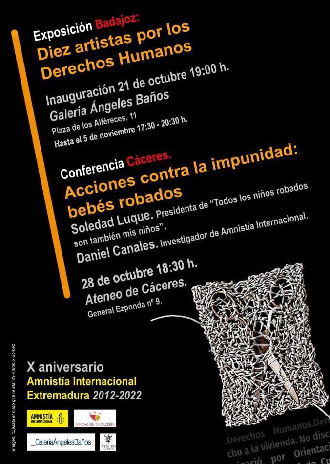 El próximo 
🗓21 de octubre 
🕖a las 19:00
<a href="/ExtremaduraAI/">Amnistía Extremadura</a> inaugura en  
📌 <a href="/Galeriangelesb/">Galería ÁngelesBaños</a> 
de #Badajoz la exposición “Diez artistas por los Derechos Humanos”.
