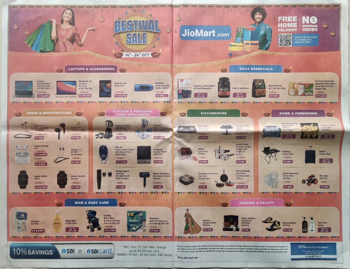 One great Sale, infinite reasons to celebrate. Deals across multiple products, with additional bank offers. Only on #jiomartbestivalsale           Shop Now on JioMart.com or download apps.apple.com/in/app/jiomart…                                 play.google.com/store/apps/det…
