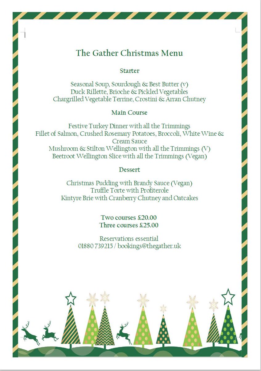 We are excited to announce that our Xmas menu will be available from Friday 18 Nov through to the end of December 2022. 

Reservations essential
01880 739215 / bookings@thegather.uk

#kintyre66