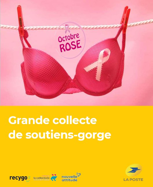 À l’occasion d’#OctobreRose, #LaPoste met ses moyens de collecte 🚚 et de #recyclage ♻️ au service de la lutte contre le #CancerDuSein.
En <a href="/seinesaintdenis/">Département de Seine-Saint-Denis</a>, pour sensibiliser au dépistage, elle participe à une collecte exceptionnelle de soutiens-gorge.
<a href="/NouvelleAttitud/">Nouvelle Attitude</a>