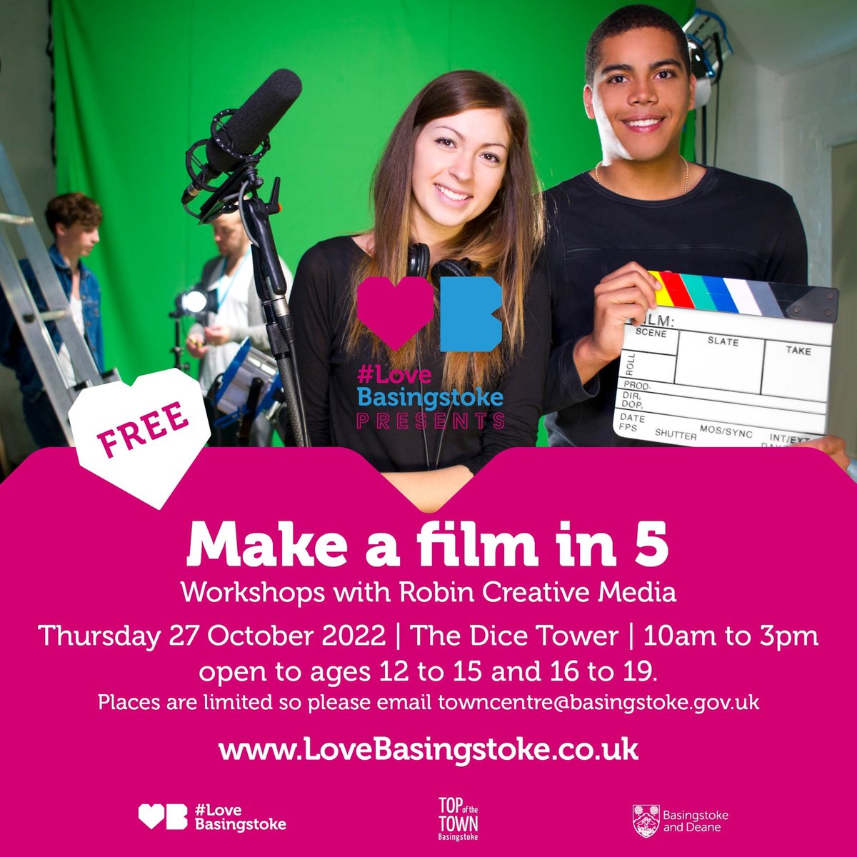 Do you know a young aspiring filmmaker? This half term they can join Robin Media Creative to make a film in 5 hours! 📅 27 October 📍 The Dice Tower, Basingstoke ⏰10am to 3pm 💰 FREE, email towncentre@basingstoke.gov.uk to book ⭐ Two groups - 12-15 years and 16-19 years