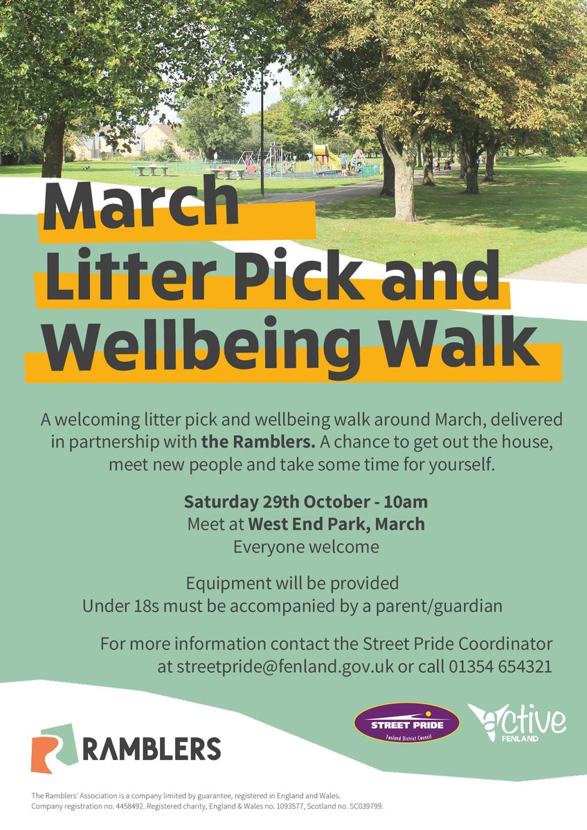 FenlandCouncil's tweet photo. Want to take time for yourself and your environment? Enjoy a walk, talk and litter pick with our March Litter Pick and Wellbeing Walk on Saturday, 29 October.

Join our #StreetPride and @activefenland teams in West End Park at 10am - everyone welcome!

#LitterPick #WellbeingWalks https://t.co/wtSoh1cLc9