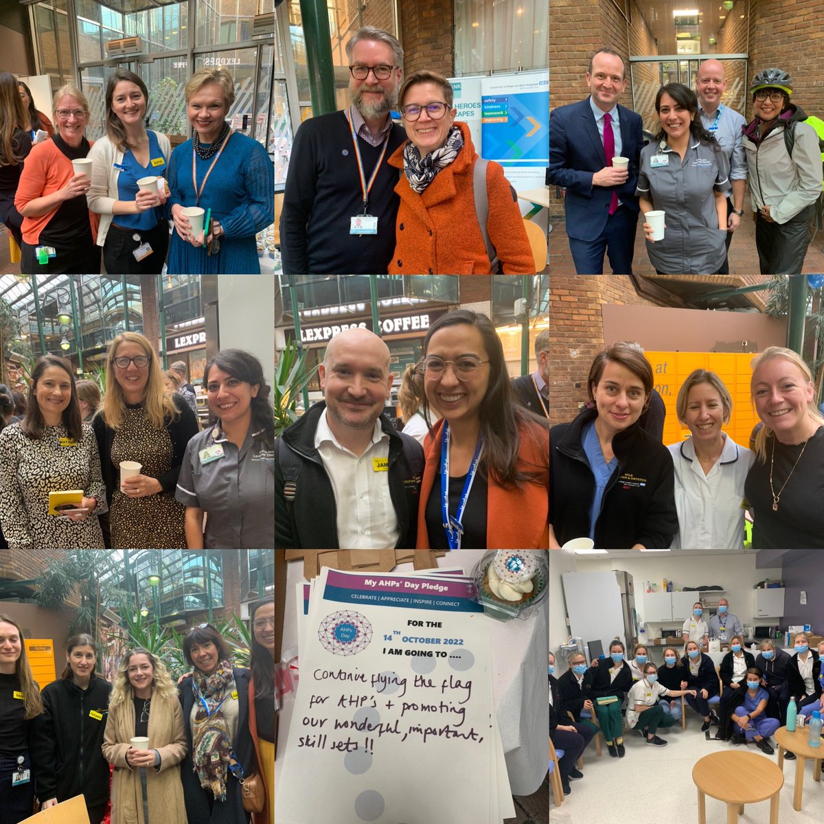 These are just some of the wonderful #AHPS here @uclh celebrating #AHPsDay2022 thanks to @probert_david @vsweeney431 @GBellingan @NatEmergNurse @ClairePainter4 @pettsyk who joined for breakfast and our AHP leads @IanTaylorRD @A_R_Capp and many others for organising 😊