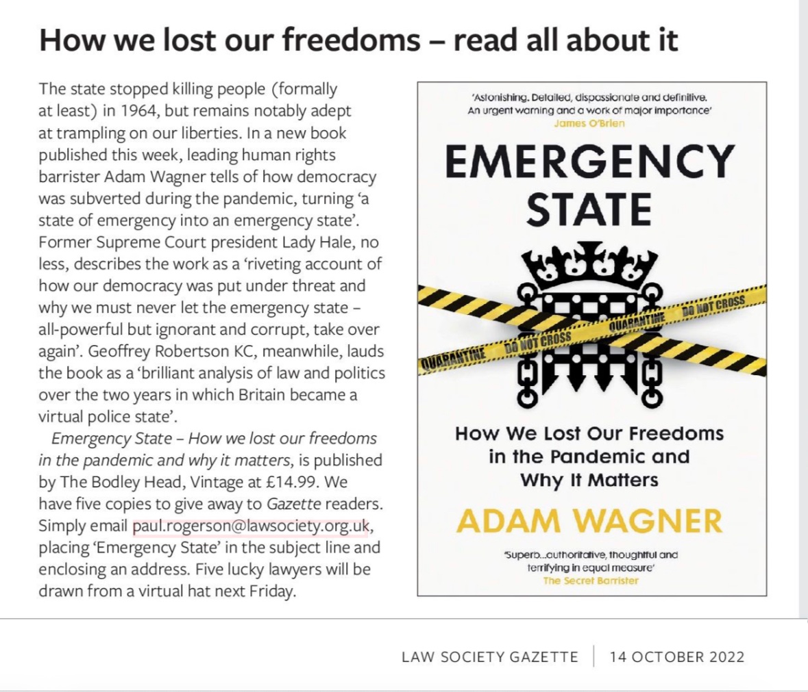 AdamWagner1's tweet image. The Law Society Gazette has five copies of #EmergencyState to give away to lawyers! Details 👇