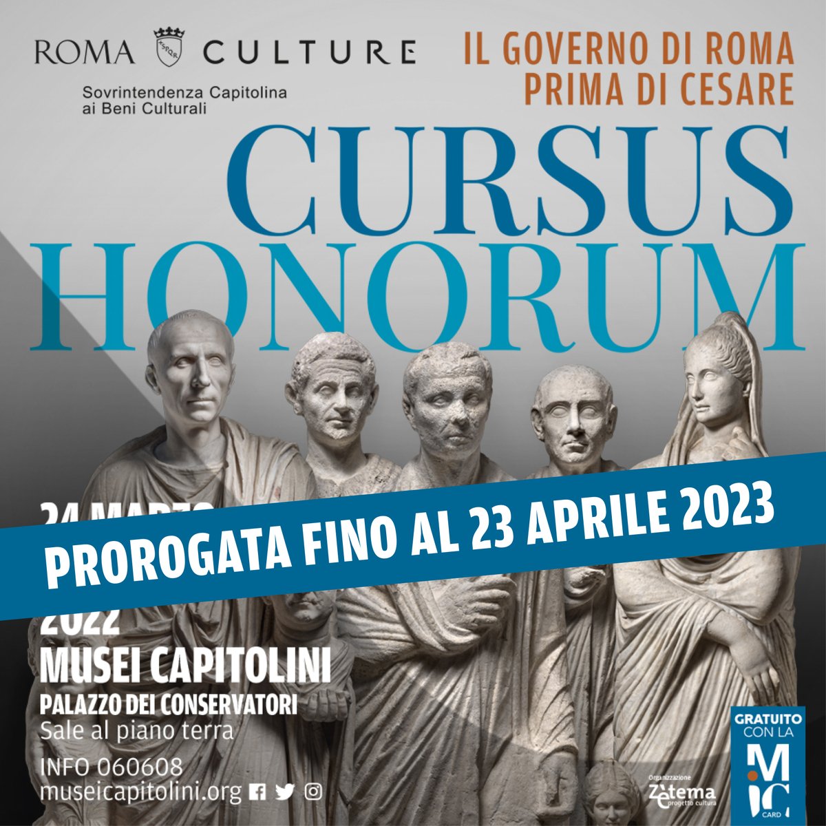 museiincomune's tweet image. #CursusHonorum, la mostra ai #MuseiCapitolini incentrata sulle cariche pubbliche dei magistrati di età repubblicana, è prorogata fino al 23 aprile 2023. Quattro voci maschili e una femminile rievocano le magistrature di età repubblicana.
Per saperne di più bit.ly/CursusHonorumC…
