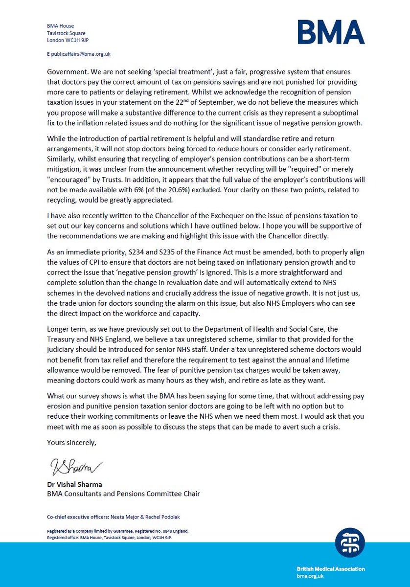 As 44% of consultants tell us they are looking to leave the NHS in some capacity next year, @Vish_Sharm has written to the Health Secretary to outline our immediate priorities - including an end to the punitive pension tax rules driving senior doctors from the workforce.