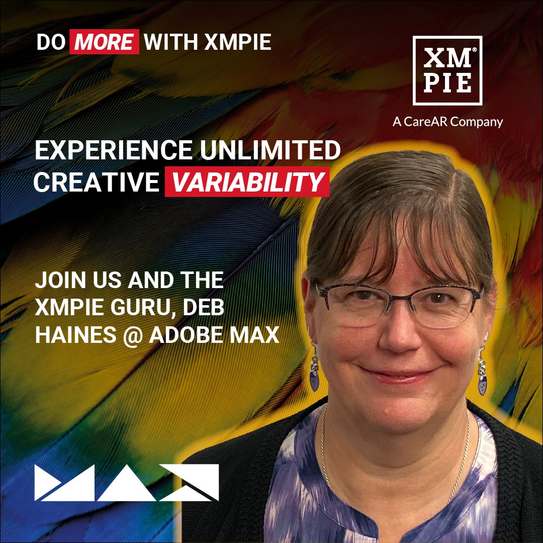 XMPie's tweet photo. Are you heading to Adobe Max from October 18 to 20?

Visit us at Booth 417 and meet the XMPie Guru Deb Haines! What Deb doesn't know about #CreativeVariability isn't worth knowing!

Register today at https://t.co/eqEIZR7JRP https://t.co/YIyJbwfblm