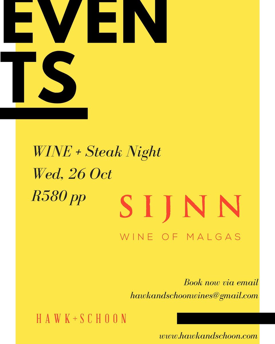 Opening bookings for <a href="/SijnnWines/">Sijnn Wines</a> Wine + Steak Event. You do not want to miss this. Not every night you get to have steak with <a href="/timatkin/">Tim Atkin</a> Young Winemaker of the Year 😍 <a href="/CharlaHaasbroek/">Charla Haasbroek</a> ✌🏽
