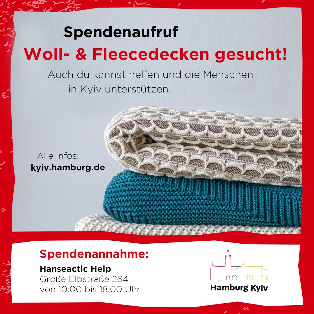 Woll- und Fleecedecken gesucht - #Kyiv braucht deine Hilfe! @HanseaticHelp ist Hamburgs Partner für Sachspenden im Pakt für Solidarität &amp; Zukunft. So kannst auch du die Menschen in der #Ukraine unterstützen. Alle Infos zu Spendenmöglichkeiten: kyiv.hamburg.de #HamburgKyiv