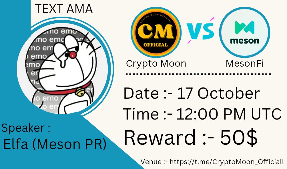 MetaClock_AMA's tweet photo. AMA Session in @Cryptomoon08
🗓 17 October   2022
🕰 12:00 PM UTC 
💰 Reward Pool: 50$
Venue: https://t.co/5fhTmkBHm5…
〽️ Rules:
✔️ Join TG 
https://t.co/hYyrU1uGJu
✔️ Follow 
https://t.co/BW6Po82BEg
https://t.co/yS3Yzg1jd8
✔️ Comment this post with question. https://t.co/LVXfEq1Pk4