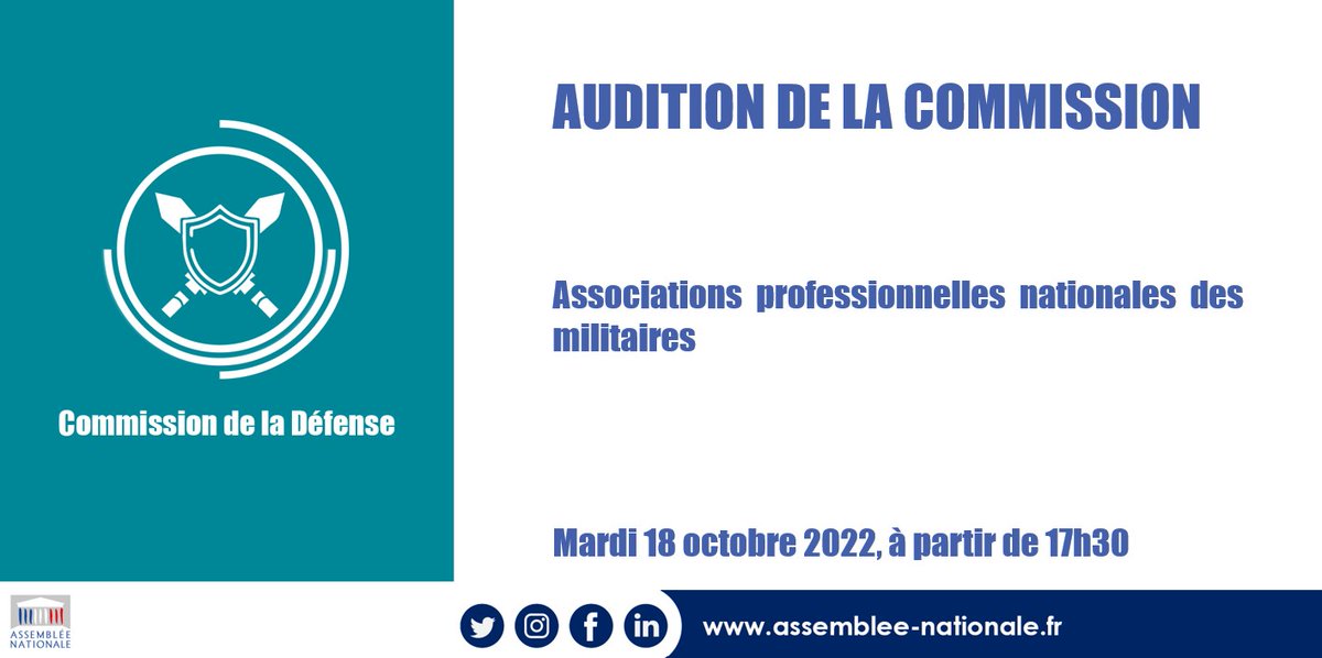 AN_Defense's tweet photo. 🗓️ Demain, à partir de 17h30, la @AN_Defense auditionne des associations professionnelles nationales des militaires sur le projet de loi de finances pour 2023.
📺 À suivre en #DirectAN → https://t.co/zrL5TwAiV9.
#Défense #APNM #PLF2023 https://t.co/UAG7oUXyng