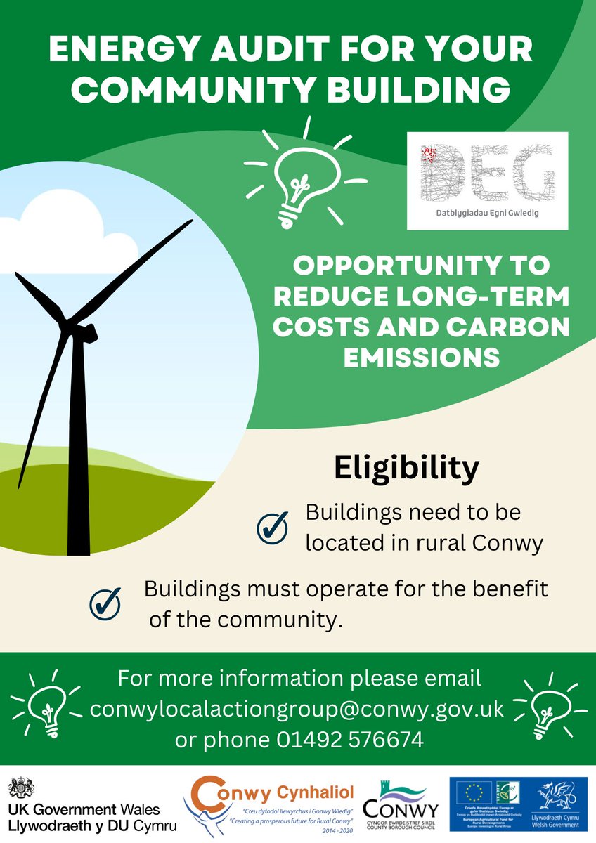 ConwyRural's tweet photo. Datblygiadau Egni Gwledig (DEG) have been commissioned to undertake Energy Audits on community buildings in rural Conwy.
Have you applied for an energy audit yet? You only have until a week tomorrow (21st of October) to apply. https://t.co/RwQ8LLOTqb