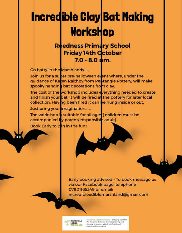 SchoolReedness's tweet photo. Don't forget.... Our local incredible edibles group are having a Clay Bat making evening at school tonight between 7 and 8pm. Everyone is welcome. If you are interested then book and come along.  You will have a fantastic evening!! #halloween #batmaking #goole #marshland https://t.co/88bapVe0qr