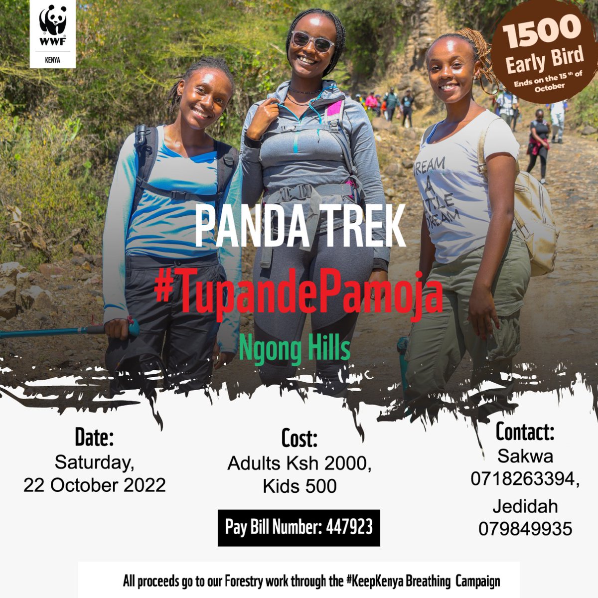 WWF_Kenya's tweet photo. Take advantage of our Early Bird Offer for #MashujaaDay #PandaTrek.

Explore Ngong Hills at 8,000ft above sea level. Amazing views. Bathe in nature for 11km. Get to know more about nature and our forest restoration work from our experts during the hike. https://t.co/7qVBvmhK3D https://t.co/H7RvCTw5je