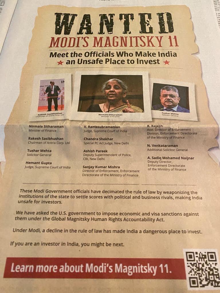 vnmenon8's tweet photo. This is not good news for India , myself . 

Full page advt. in the Wall Street Journal taken out by The Frontiers of Freedom . https://t.co/dI6FXk4ZGq