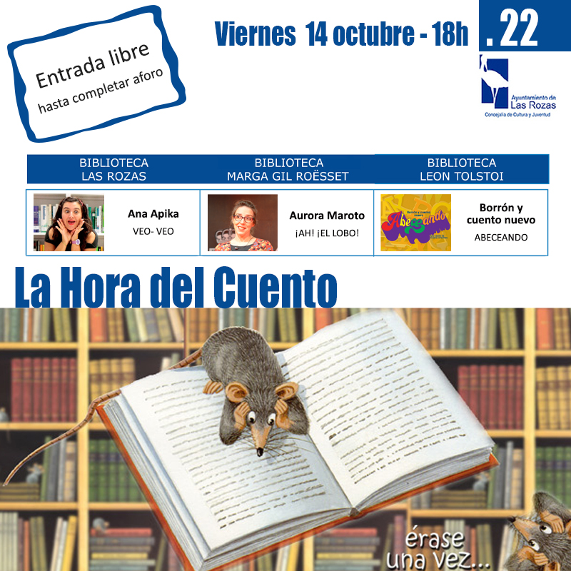 bibliotecarozas's tweet photo. El  viernes 14 de octubre disfruta con  #LaHoraDelCuento en las Bibliotecas de Las Rozas con Ana Apika, Aurora Maroto y Borrón y Cuento Nuevo.
Entrada libre hasta completar aforo. 
¡Os esperamos!
#Cuentos  #BibliotecasDeLasRozas https://t.co/fotOjuGHe3