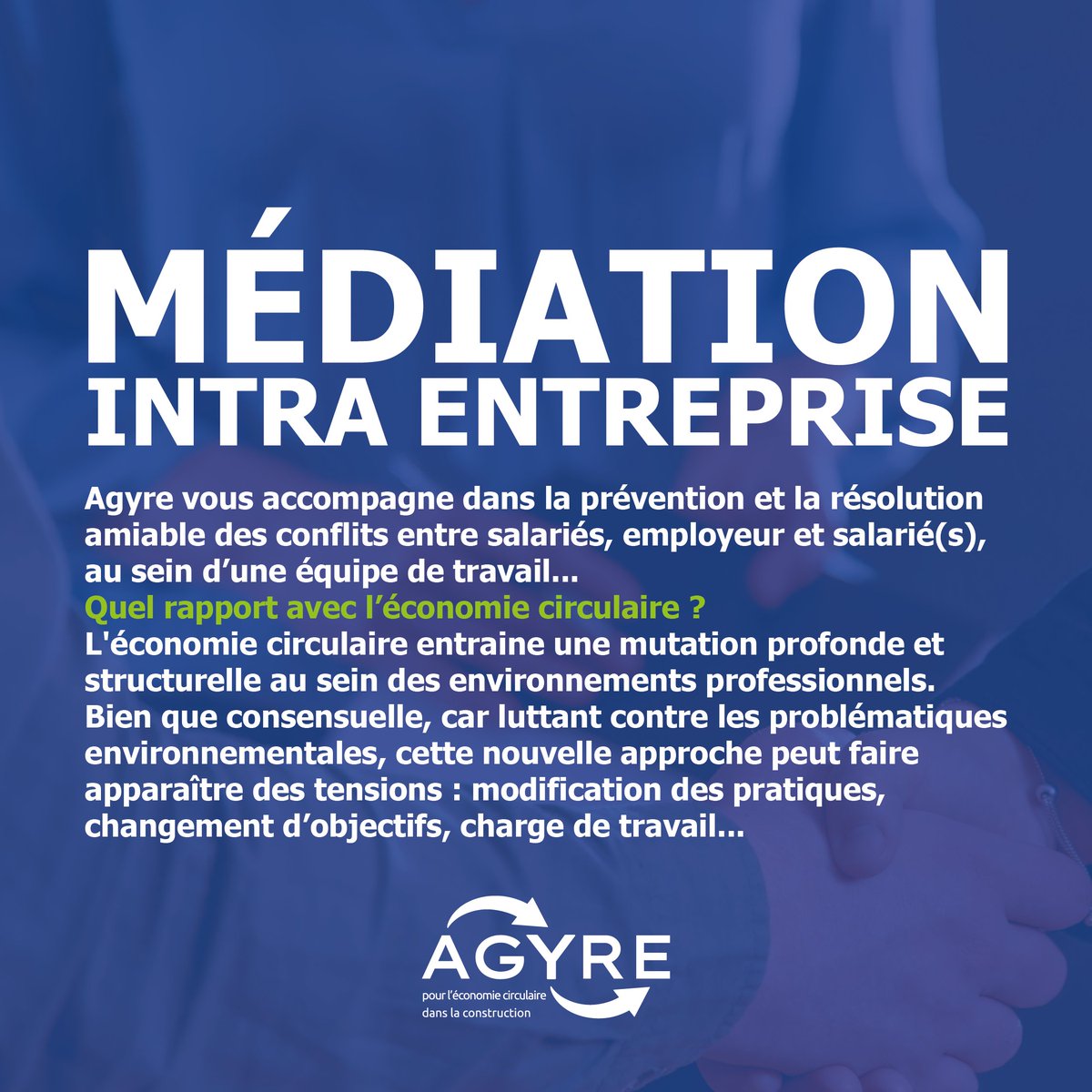AGYRE_28's tweet photo. C'est la Semaine de la #Mediation ! On en profite pour faire le point sur notre accompagnement à la médiation intra entreprise. Quel rapport avec l'économie circulaire ? Pour en savoir plus : https://t.co/lrWTw0GTRt
#AgyreEnsemble #EconomieCirculaire #ResolutiondeConflits https://t.co/LNXLg4mK0Y
