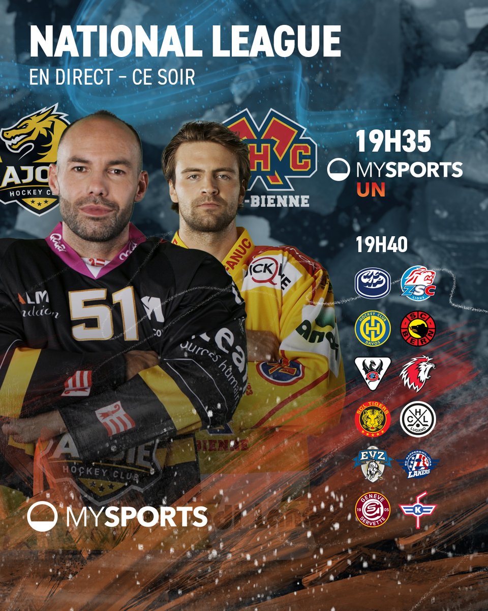 MySports_CH_fr's tweet photo. 7⃣ rencontres ce soir en National League dont notre match interactif entre le @HC_Ajoie_off et l'@ehcbiel!
Dès 19h35, retrouvez Pascal, Alex et @CoachBoulanger sur #MySports UN.
Les chaînes 📺:
#HCAEHCB UN
#HCAPZSC 2️⃣
#HCDSCB 3️⃣
#FRILHC 4️⃣
#SCLHCL 5️⃣
#EVZSCRJ 6⃣
#GSHCEHCK 8⃣ https://t.co/bjFrQfvamH