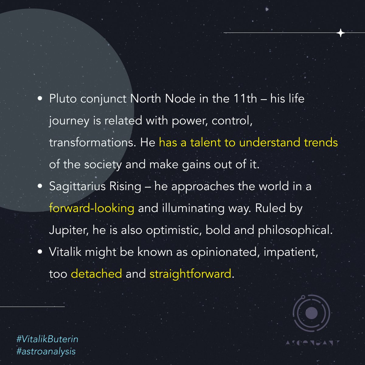 VITALIK BUTERIN – a revolutionary genius 💯💡

Vitalik Buterin, a 28 year, known as the youngest known crypto billionare, is one of the co-founders of Ethereum. What‘s in his Chart? 💫🪐

#astroanalysis#vitalikbuterin