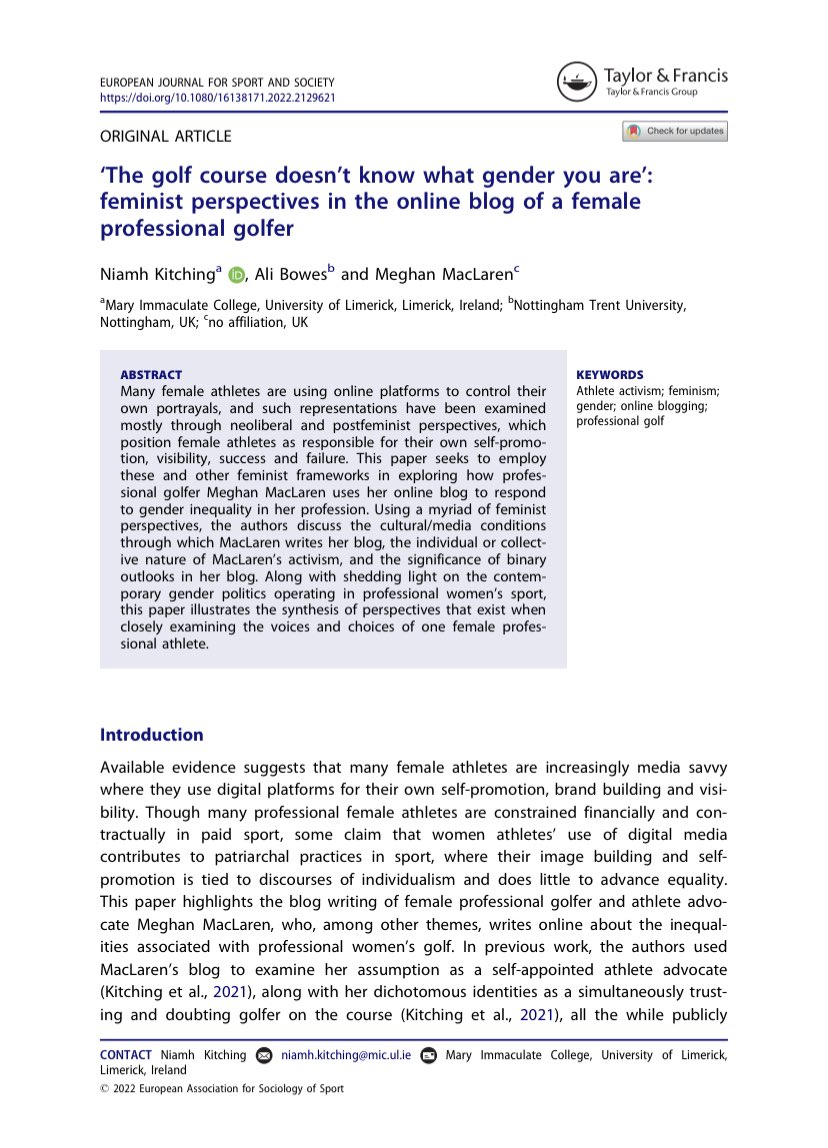 Niamh Kitching (@niamhkitching) on Twitter photo The latest article published in <a href="/EJSS_EASS/">European Journal for Sport and Society</a> uses a myriad of feminist frameworks to examine Meghan’s blog responses to gender inequality in professional golf. Link to 50 free copies here: tandfonline.com/eprint/ZANJ66Q… The latest article published in <a href="/EJSS_EASS/">European Journal for Sport and Society</a> uses a myriad of feminist frameworks to examine Meghan’s blog responses to gender inequality in professional golf. Link to 50 free copies here: tandfonline.com/eprint/ZANJ66Q…