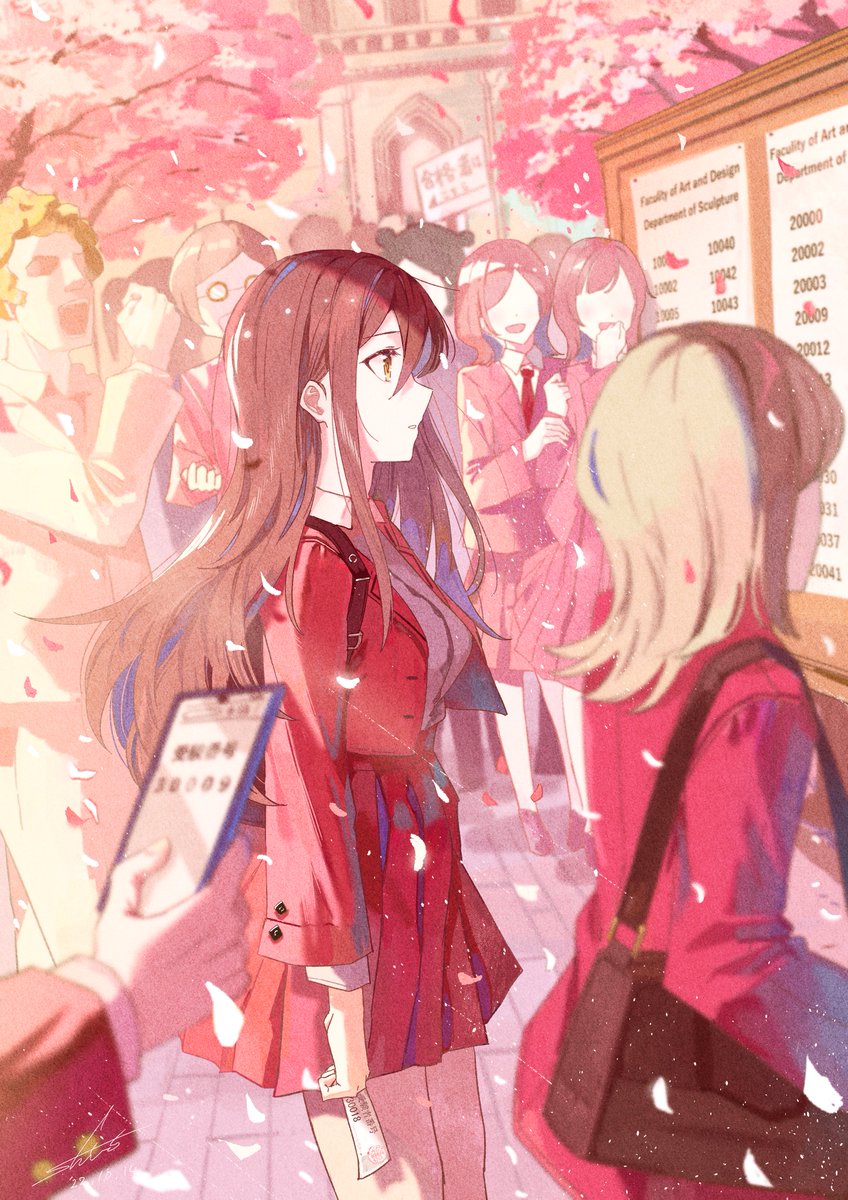 cherry blossoms bag multiple girls skirt school uniform long hair petals  illustration images
