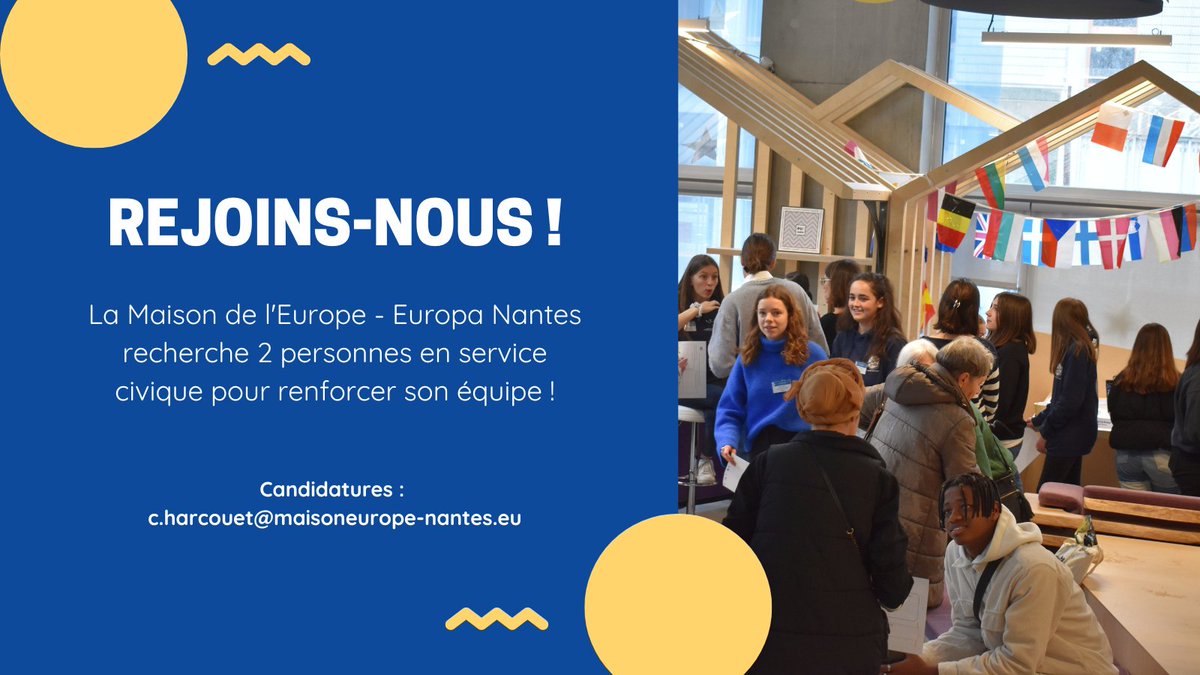 📣 Envie de rejoindre une association dynamique qui œuvre pour la diversité culturelle et la citoyenneté🇪🇺 ?

Découvre les 2 offres de #servicecivique à pourvoir à la Maison de l'#Europe à #Nantes ! 👇
cutt.ly/4BYZv9E