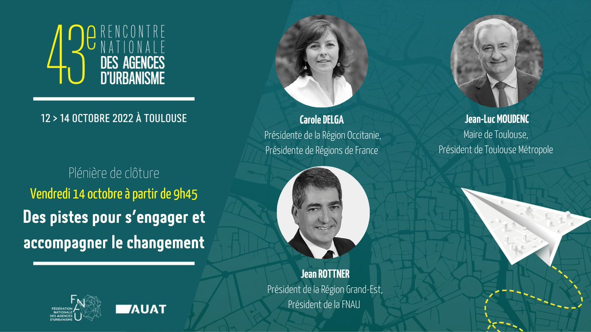 🔴#fnau43 - Plénière de clôture
Embarquement immédiat pour le changement

"Quelles pistes pour s’engager et accompagner le changement ?"
Table ronde avec
▪️<a href="/CaroleDelga/">Carole Delga</a>, <a href="/Occitanie/">Région Occitanie</a> 
<a href="/Regionsdefrance/">Régions de France</a>
▪️<a href="/jlmoudenc/">Jean-Luc Moudenc</a>, <a href="/Toulouse/">Toulouse - Mairie et Métropole</a>
<a href="/TlseMetropole/">Toulouse Métropole - INACTIF</a>
▪️<a href="/JeanROTTNER/">Jean ROTTNER</a>, <a href="/Fnau_urba/">FNAU - Fédération des agences d’urbanisme</a>
<a href="/regiongrandest/">Région Grand Est</a>