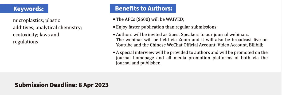 Topic: Environmental Behavior and Ecotoxicological Effects of Micro(nano)plastics
🔗oaepublish.com/wecn/journal/s…
🗓️: 8 Apr 2023
APC: 0⃣
Contact us: 📧watercontaminants@oaemesas.com
All papers submitted to this special issue will be totally exempted from Article Processing Charges!