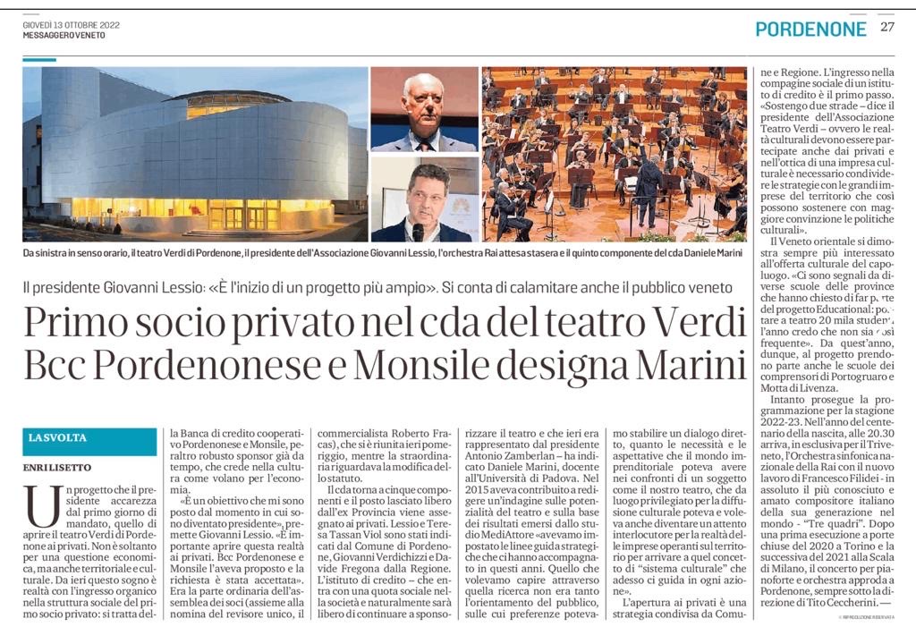 TeatroVerdiPN's tweet photo. Un nostro nuovo grande socio. Insieme a @regioneFVGit e @comunepordenone, @BccPnMonsile scende in campo per il Teatro. https://t.co/OxR4M8rRyN