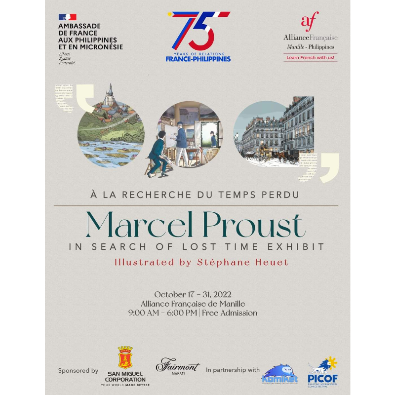 ProustArt's tweet photo. The Embassy of France and Alliance Française de Manille proudly present the exhibition entitled Marcel Proust: In Search of Lost Time, a series of illustrations created by French artist Stéphane Heuet. Exhibition is open from 17 to 31 October at the Alliance Française de Manille.