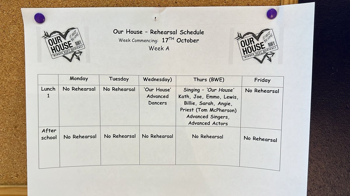 “Our House” rehearsal schedule for w/b 17th October