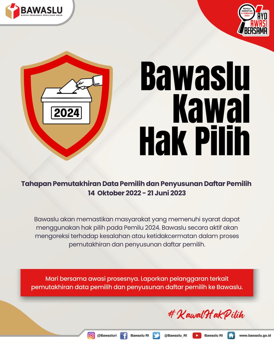 bawaslu_RI's tweet photo. #SahabatBawaslu, tahapan pemutakhiran data pemilih dan penyusunan daftar pemilih dimulai hari ini, 14 Oktober 2022 sampai 21 Juni 2023. https://t.co/cFemLp6jNH