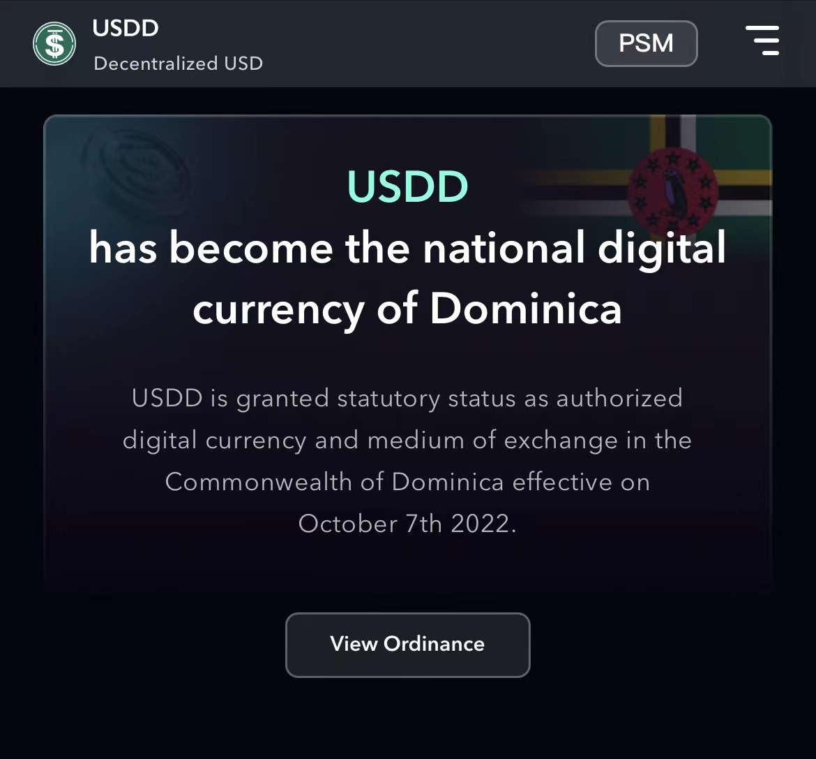 usddio's tweet image. 🎊#USDD is granted statutory status as authorized digital currency and medium of exchange in the Commonwealth of Dominica!

🤑Share our good news with more friends and win a 100 $USDD prize pool.
👉Complete the tasks: bit.ly/3yFqiPs

⏰Ends at 10AM UTC, Oct 21
