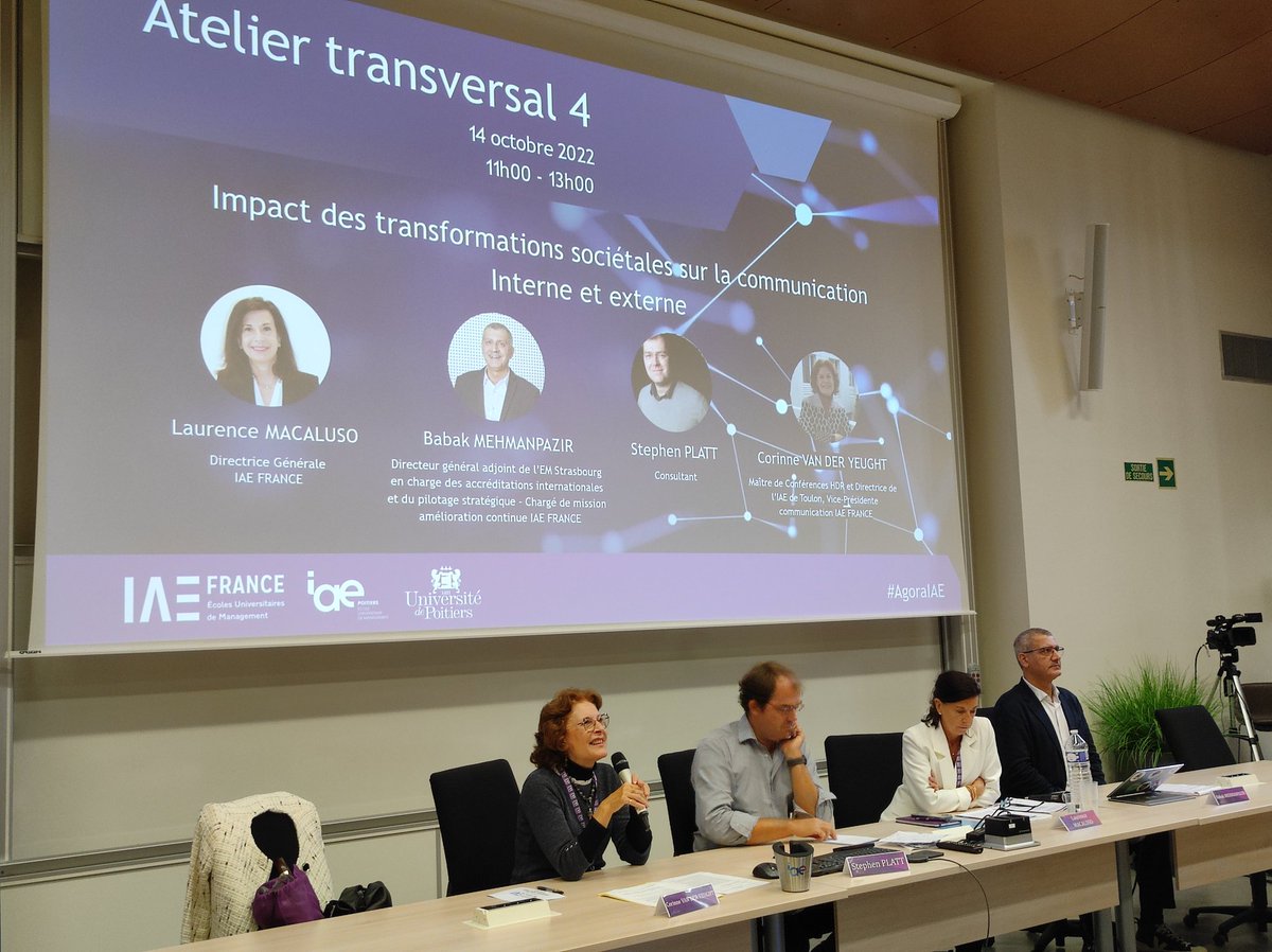 L'#AgoraIAE se termine avec un atelier sur l'impact des transformations sociétales sur la communication interne &amp; externe et sur le cas des accréditations internationales, animé par Corinne Van Der Yeught, directrice <a href="/IAE_Toulon/">IAE Toulon</a>, VP communication <a href="/IAEFRANCE/">IAE FRANCE</a>.