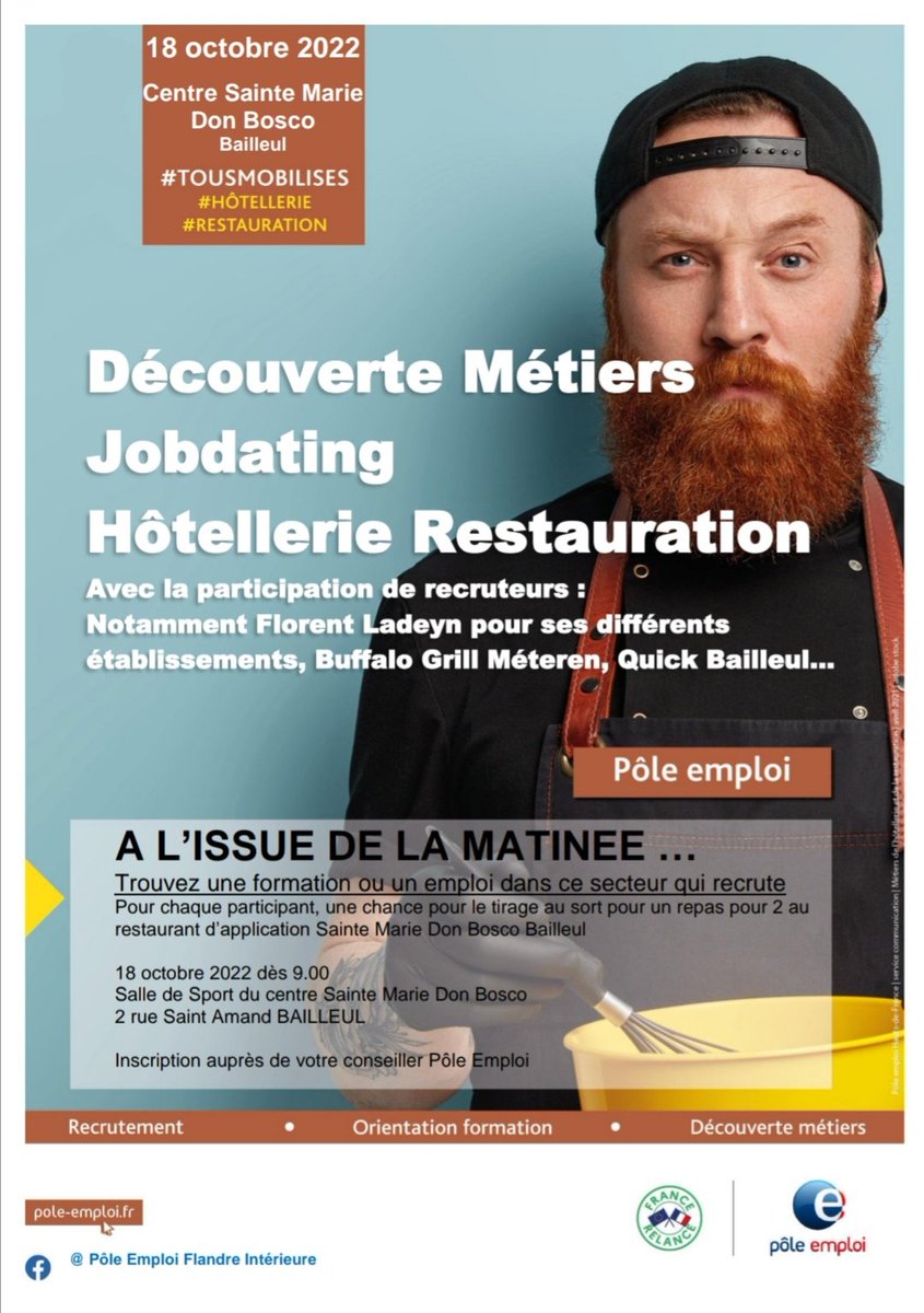 Marmuse Olivier (@marmuseolivier) on Twitter photo En 2022 c'est 180 projets de recrutements dans la restauration en Flandre-Lys.
Venez vous tester en vous amusant et rencontrer des professionnels
➡️Inscription auprès de votre conseiller
#AvecPôleEmploi
<a href="/FlorentLadeyn/">Florent Top Chef</a> <a href="/BuffaloGrill/">Buffalo Grill</a> <a href="/QuickFrance_/">Quick France</a>
#OnEstLàPourVous
<a href="/MaximeUmih/">Maxime UMIH</a> En 2022 c'est 180 projets de recrutements dans la restauration en Flandre-Lys.
Venez vous tester en vous amusant et rencontrer des professionnels
➡️Inscription auprès de votre conseiller
#AvecPôleEmploi
<a href="/FlorentLadeyn/">Florent Top Chef</a> <a href="/BuffaloGrill/">Buffalo Grill</a> <a href="/QuickFrance_/">Quick France</a>
#OnEstLàPourVous
<a href="/MaximeUmih/">Maxime UMIH</a>