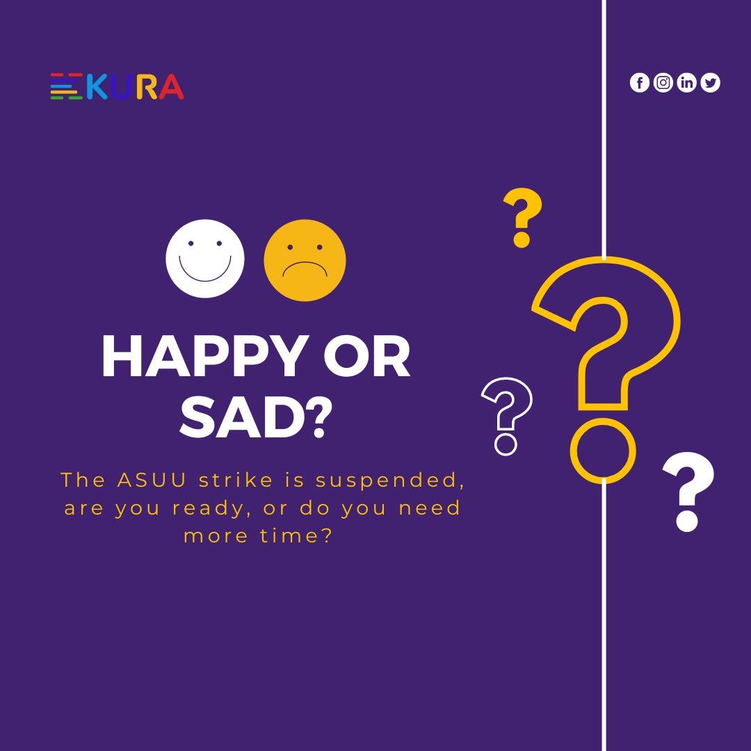KuraApp's tweet photo. How do you feel about the just suspended ASUU strike? Are you ready to return to the classroom, or do you need more time to finish things?
Share your thoughts.
#Study4success #Kura4study #Kura4success #Kura #launchkura #nigerianedutech #AsuuStrikeUpdates https://t.co/FjbkAsEbDf
