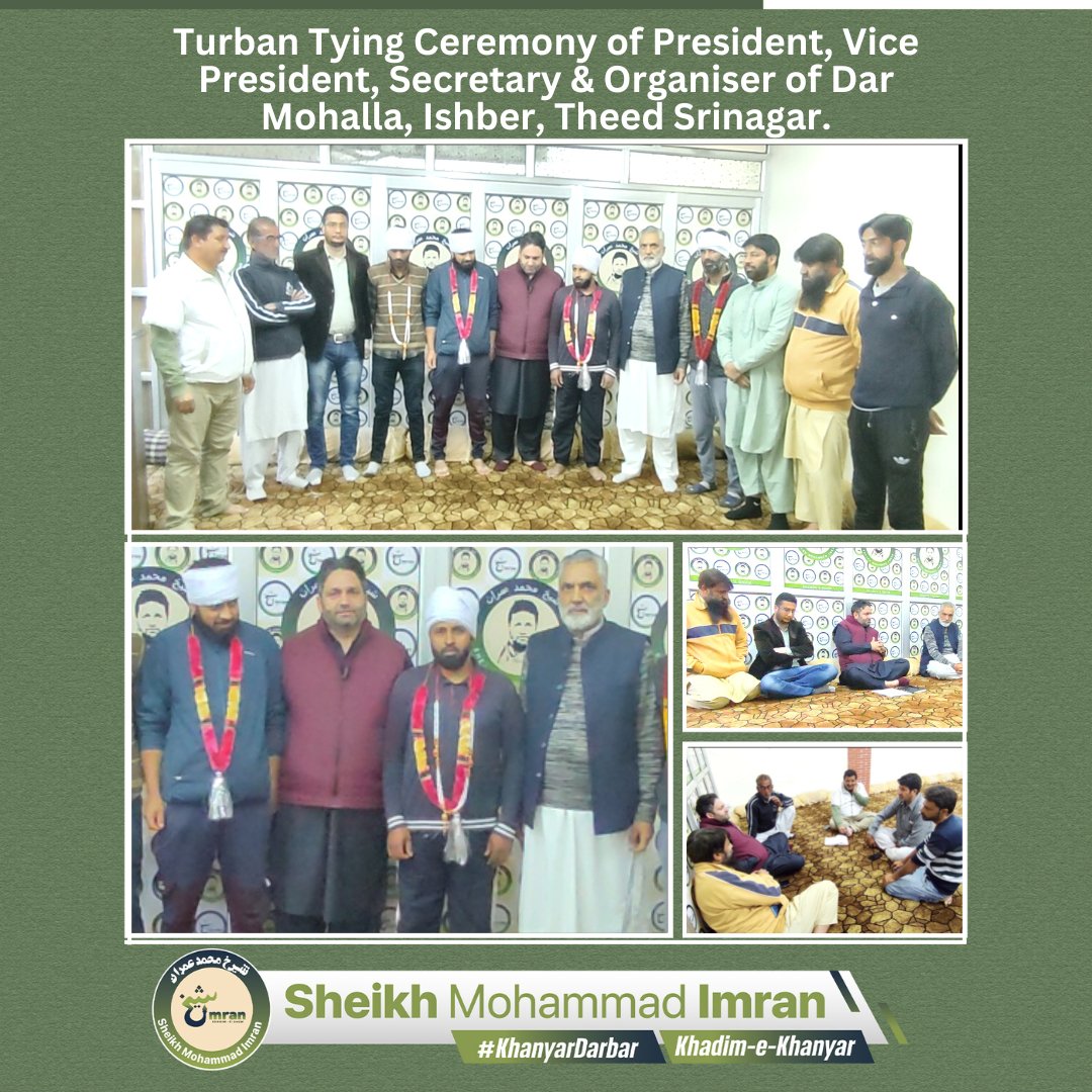 WithSheikhImran's tweet photo. Turban Tying Ceremony of President, Vice President, Secretary &amp; Organiser of #DarMohalla, #Ishber, #Theed Srinagar. 

The felicitated members vowed to support the positive change in #Khanyar #Constituency  under the leadership of Sheikh Mohammad Imran Sahab.

@imrankehwah https://t.co/9tPpCNx2NB