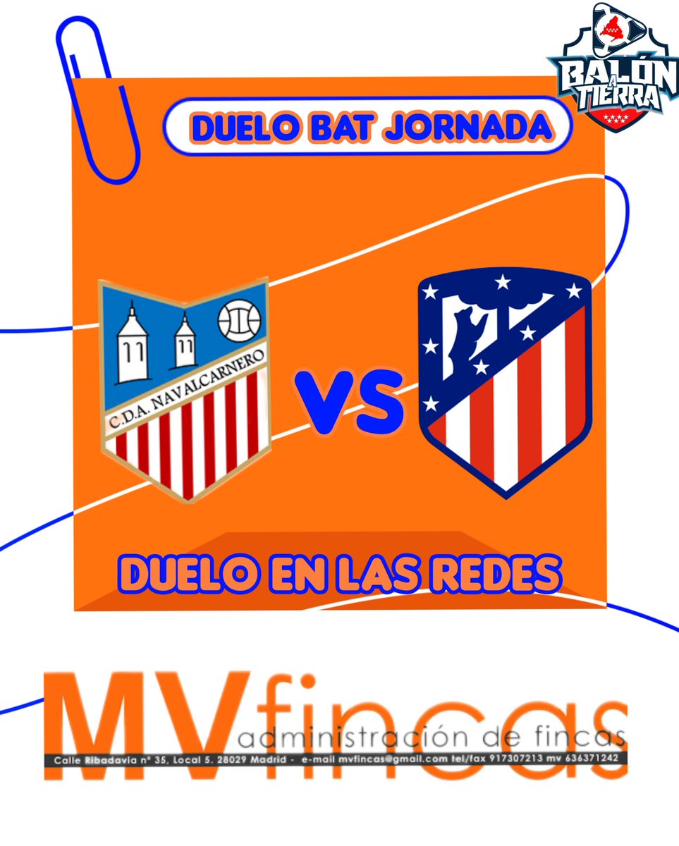 🔥𝘿𝙐𝙀𝙇𝙊 𝘽𝘼𝙏 𝙅𝙊𝙍𝙉𝘼𝘿𝘼🔥

De la mano de <a href="/mvfincas/">mvfincas</a>  llega el  partido de la jornada de 2a Federación. 

<a href="/CDANavalcarnero/">CDA Navalcarnero</a> 🆚 <a href="/AtletiAcademia/">Atleti Academia</a>

𝑽𝑬𝑨𝑴𝑶𝑺 𝑸𝑼𝑬 𝑶𝑷𝑰𝑵𝑨𝑵 𝑳𝑨𝑺 𝑹𝑬𝑫𝑬𝑺 𝑫𝑬 𝑬𝑺𝑻𝑬 𝑷𝑨𝑹𝑻𝑰𝑫𝑨𝒁𝑶 ⚽🔝

#DueloEnLasRedes