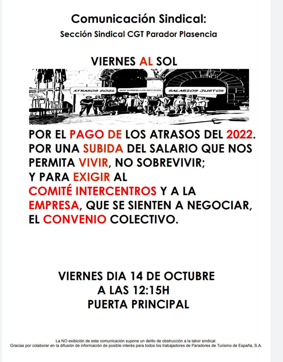 CGTParPlasencia's tweet photo. Hemos tenido que esperar a finales de septiembre de 2022 para cobrar la subida salarial de 2021:
¿Hasta cuándo tendremos que esperar para que se haga efectiva la subida de 2022?
@paradores 
#ViernesAlSol https://t.co/JXmIZRZWVJ