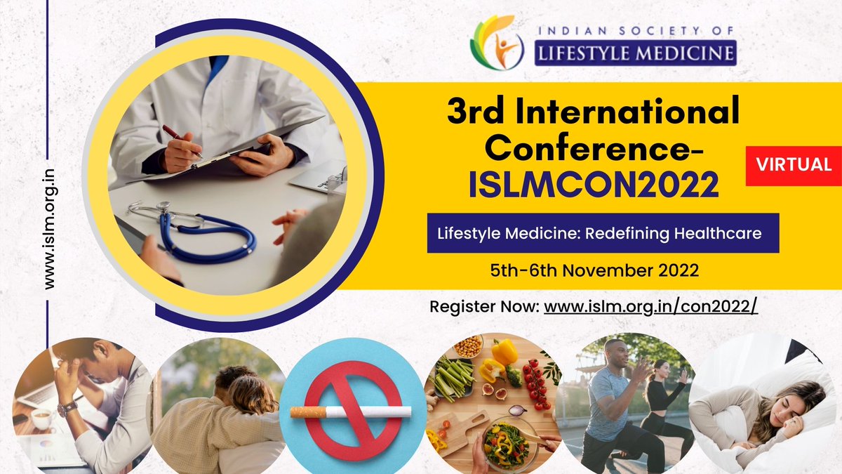 We are pleased to announce the 3rd International Conference ISLMCON 2022 of ISLM being organised virtually from 5th to 6th November 2022 
Register Now: islm.org.in/con2022/
#ISLMCON2022 #ISLM #IndianSocietyOfLifestyleMedicine #LifestyleMedicine #RedefiningHealthcare #Workshop