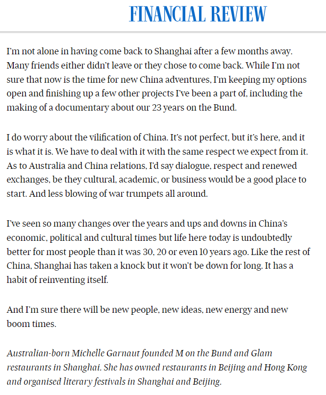 What a thought-provoking final few paragraphs in this new op-ed by Michelle Garnaut. Beyond Michelle, Shanghai and restauranter-ing, I'd say there's resonance and relevance for Australia-China relations more broadly. afr.com/world/asia/why…