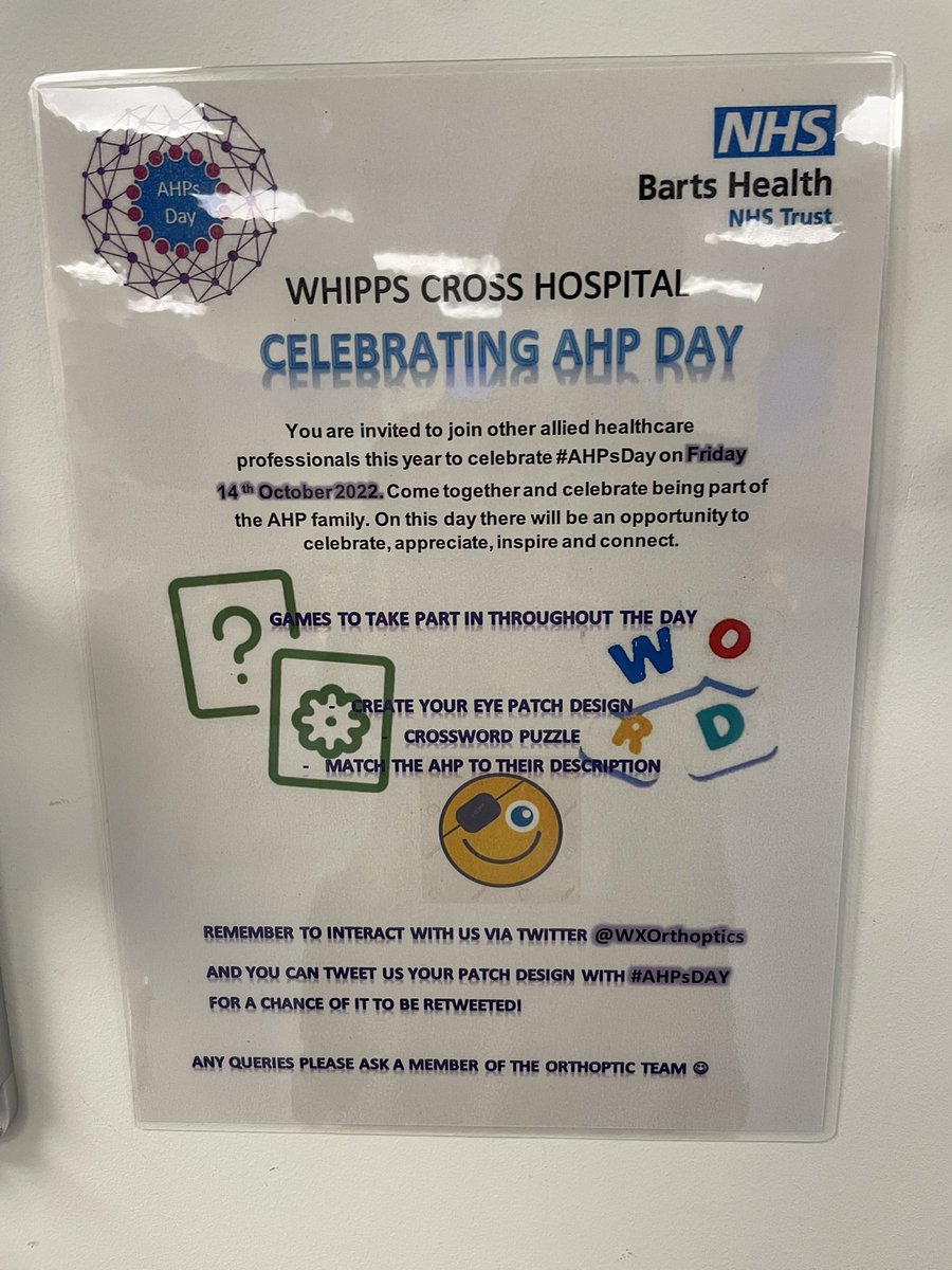 lhewittg's tweet photo. Happy AHP Day! #AHPsDay A big shout out and thank you to all our amazing AHPs everywhere 😊@WhippsCrossHosp @RachDalton1 @rlukalondon @johnwxurology @Jacwood1Wood @WXOrthoptics @ETCeyes https://t.co/P977D1ZL57
