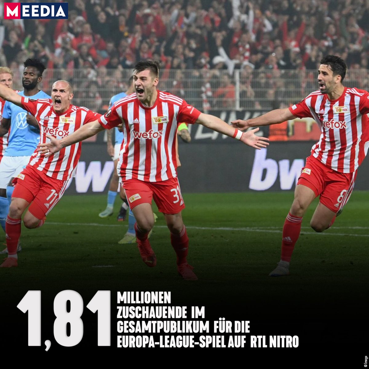 MEEDIA's tweet photo. Das 1:0 von @fcunion gegen Malmö FF holte gestern den Prime-Time-Sieg unter den Privaten. Der sonst kleine Sender @NITRO setzte sich mit der zweiten Halbzeit des Spiel an die Spitze: https://t.co/Eu41wxljGk
#unionberlin #eisernunion #FCUMFF https://t.co/AbLCvkByzX