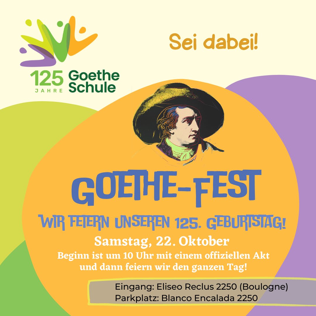 StiftungVerbund's tweet photo. 125 Jahre Goethe-Schule in Buenos Aires
Höhepunkt der Projektwoche zur Jubiläumsfeier vom 17. bis zum 21.10.2022 ist das am 22.10.2022 stattfindende Goethe-Fest mit integriertem Tag der offenen Tür.
https://t.co/5hYWIF1kkZ
#StiftungVerbundenheit #GoetheSchule #BuenosAires https://t.co/Twwbxdn5ZW