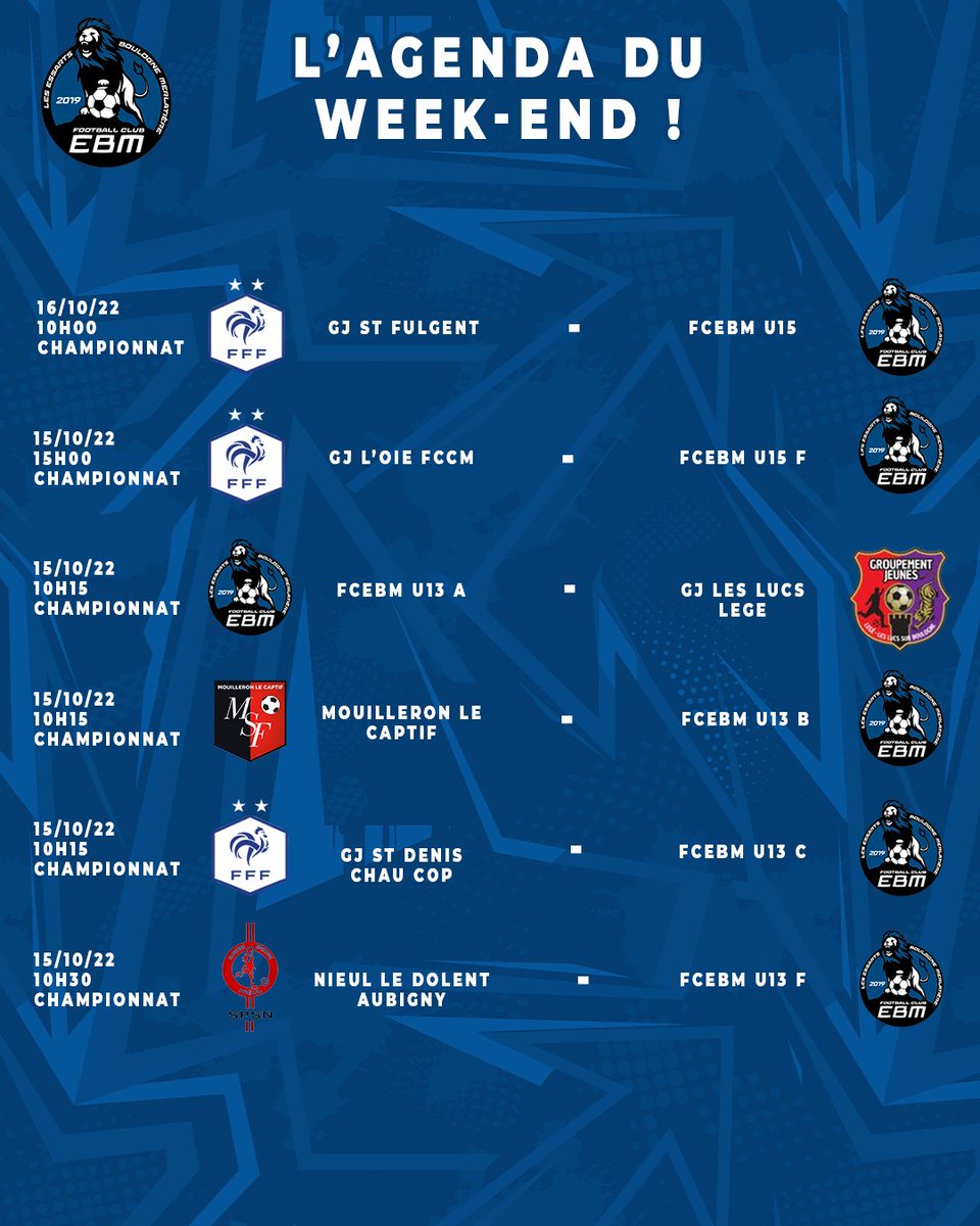 FCEBM_'s tweet photo. 🔵⚫️Voici l'Agenda Du Week-end pour nos équipes du FC Essarts Boulogne Merlatière !

📣📣On vous attend nombreux pour encourager nos équipes !

@LigueFootLFPL

#FCEBM https://t.co/uGEfFySeuS