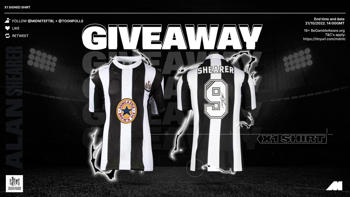 ToonPolls's tweet photo. GIVEAWAY! ⚫⚪

Our friends @MidniteFtbl are giving away:

1x SIGNED ALAN SHEARER #NUFC SHIRT 

To enter:
🔁 Like &amp; Retweet this post
✅ Follow @MidniteFtbl &amp; @ToonPolls https://t.co/zRkuuMsNJD