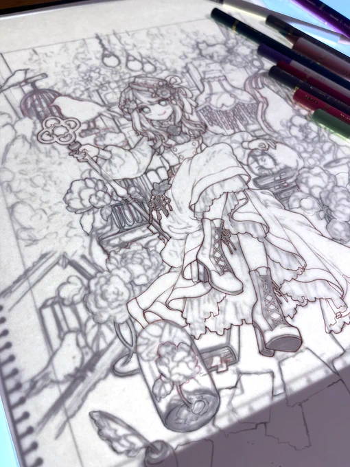 こんばんは今夜も描きます着実に進んでいますᕦ(ò_óˇ)ᕤ#お絵描き #イラスト #アナログイラスト 