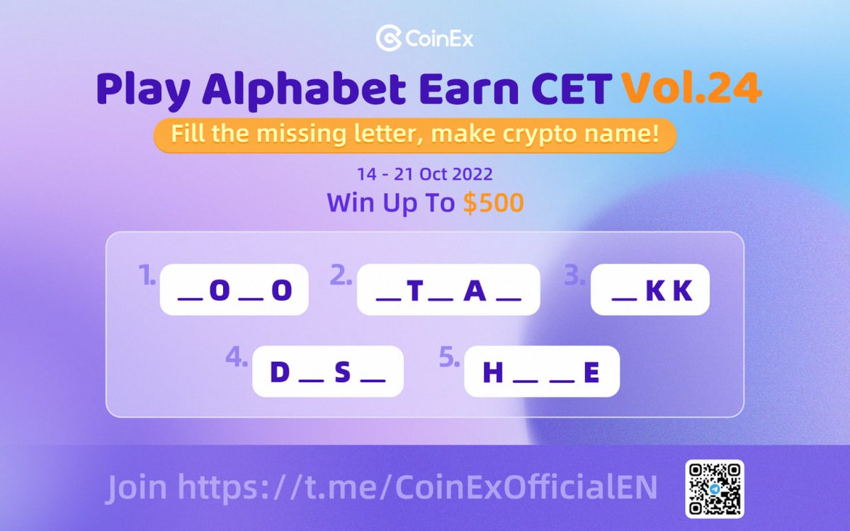 🕹️ Play Alphabet Earn $CET Vol.24

⏰ 14th - 21st Oct
🎁 Win up to $500 in CET

Join here 👉 gleam.io/tXjyw/play-alp…

#CoinEx #Giveaway