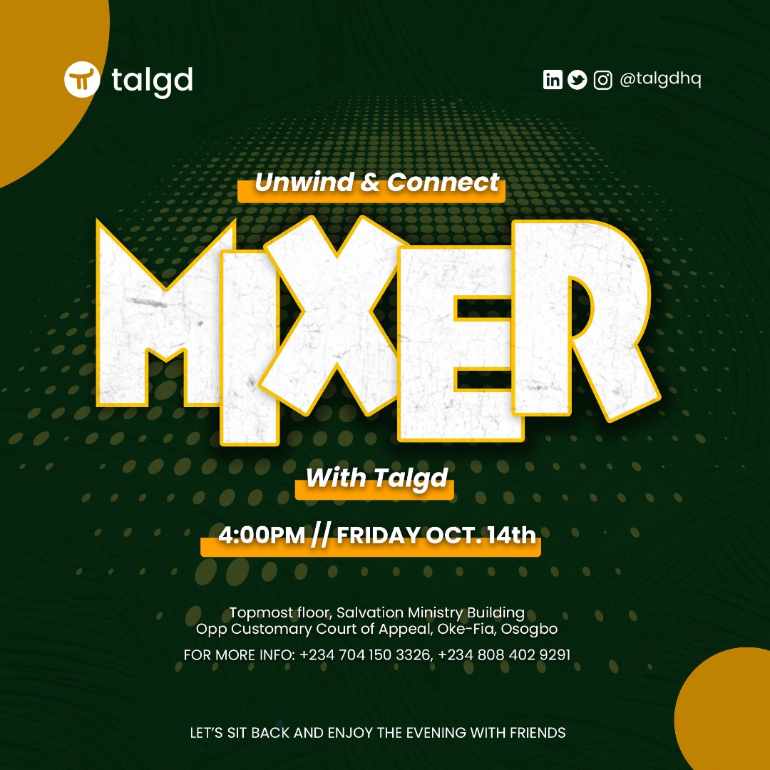 talgdhq's tweet photo. The D-day has arrived; be live with Talgd.
Come unwind, learn, and connect.
Massive fun guaranteed!!!
#osogbo #insideosogbo #mixerevent #connect #techevent https://t.co/Ud6vNb9AMH
