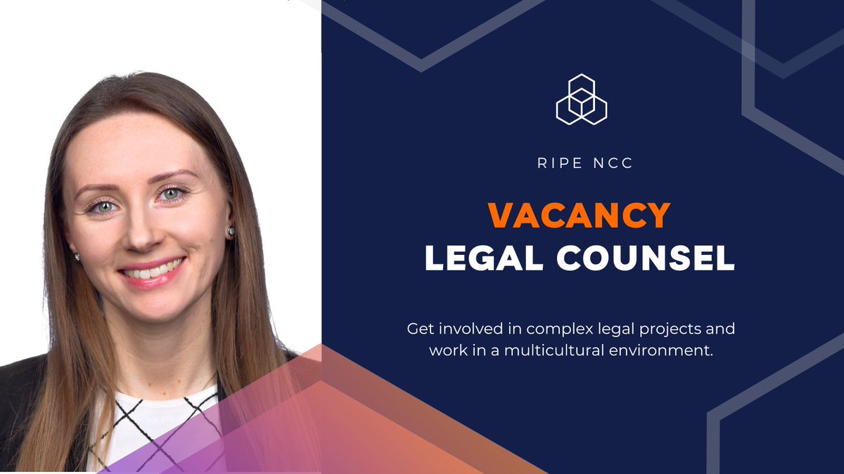 ripencc's tweet photo. We're looking for a legal counsel to join our team! In this role, you will be responsible for all legal aspects of the organisation, including defining our legal framework and providing advice for all RIPE NCC activities.

Apply: 
https://t.co/TGLdczxozO https://t.co/CXMz6oSOCk https://t.co/UJ6RFX81yN